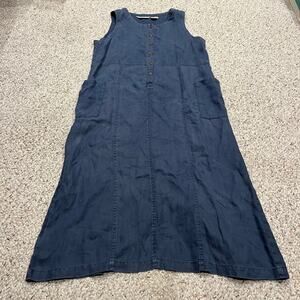 Eddie Bauer 100% Linen Maxi Dress Sz S Pockets Navy Coastal Grandma Button